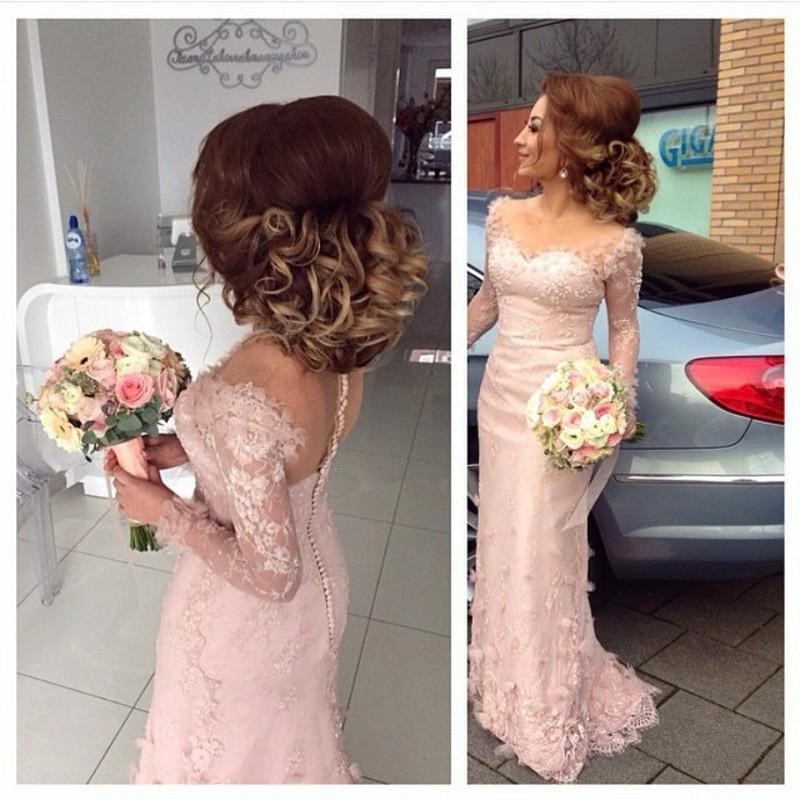 Pink Long Sleeve Aplique Wedding Bridal Gown Prom Evening Formal
